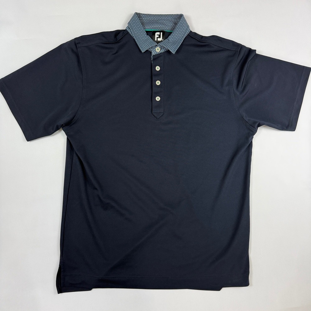 FootJoy FJ ProDry Mens M, fits L Navy Blue Patterned Collar Golf Polo Shirt